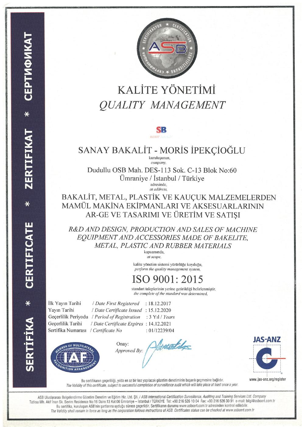 ISO 9001:2015 Kalite Yönetim Sistemi Belgesi